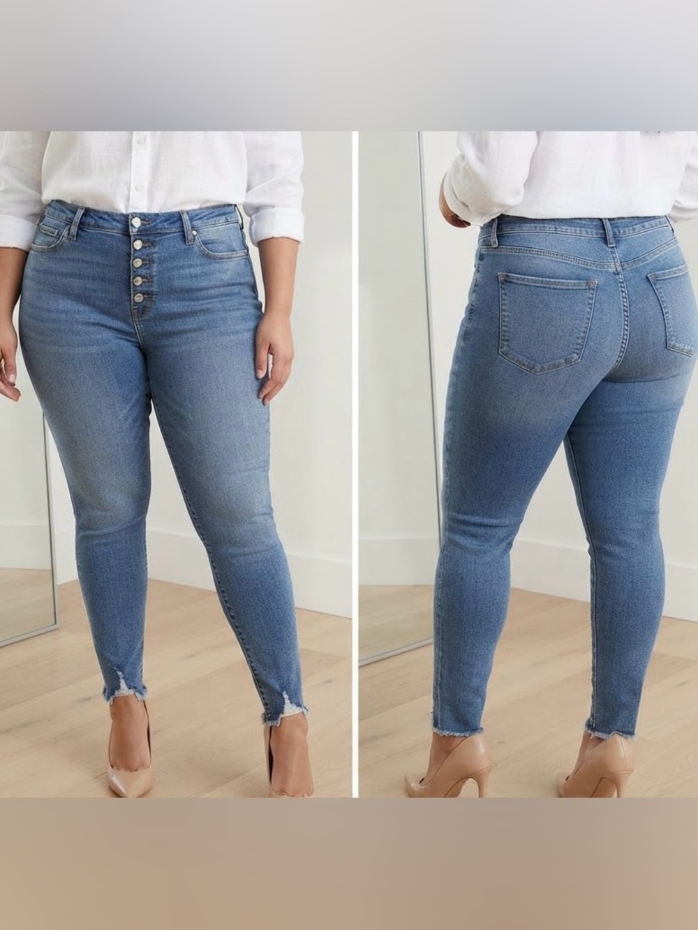 Good American High-Rise Button-Fly Ankle Skinny Jeans — Light Blue Wash